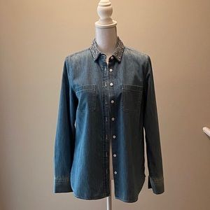 Talbots Denim Button Front Shirt Detachable Rhinestone Collar